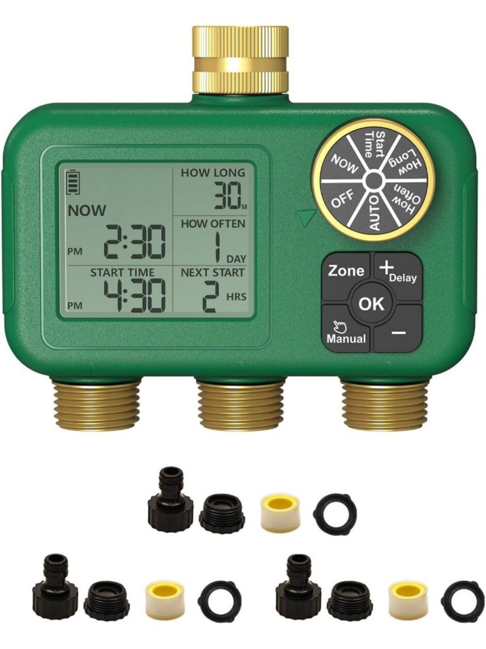 3 Zone Water Timer with Brass Fittings, Sequential Watering System, No Wi-Fi